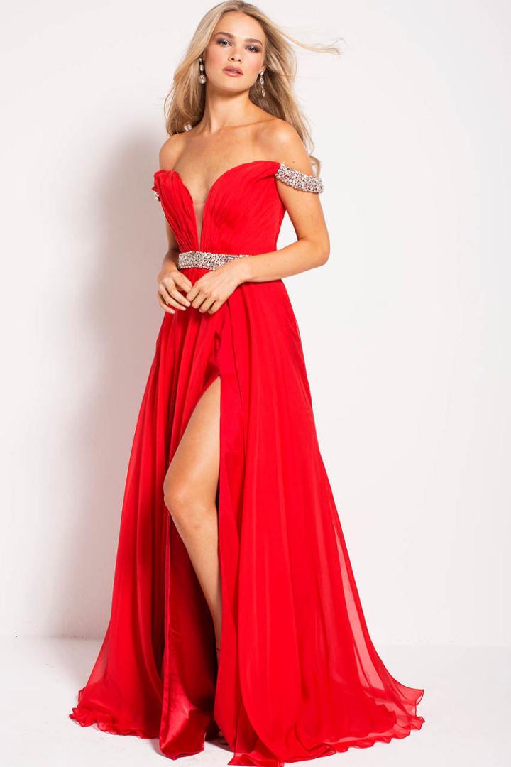 Jovani - 54935 Adorned Off-shoulder High Slit Chiffon Gown