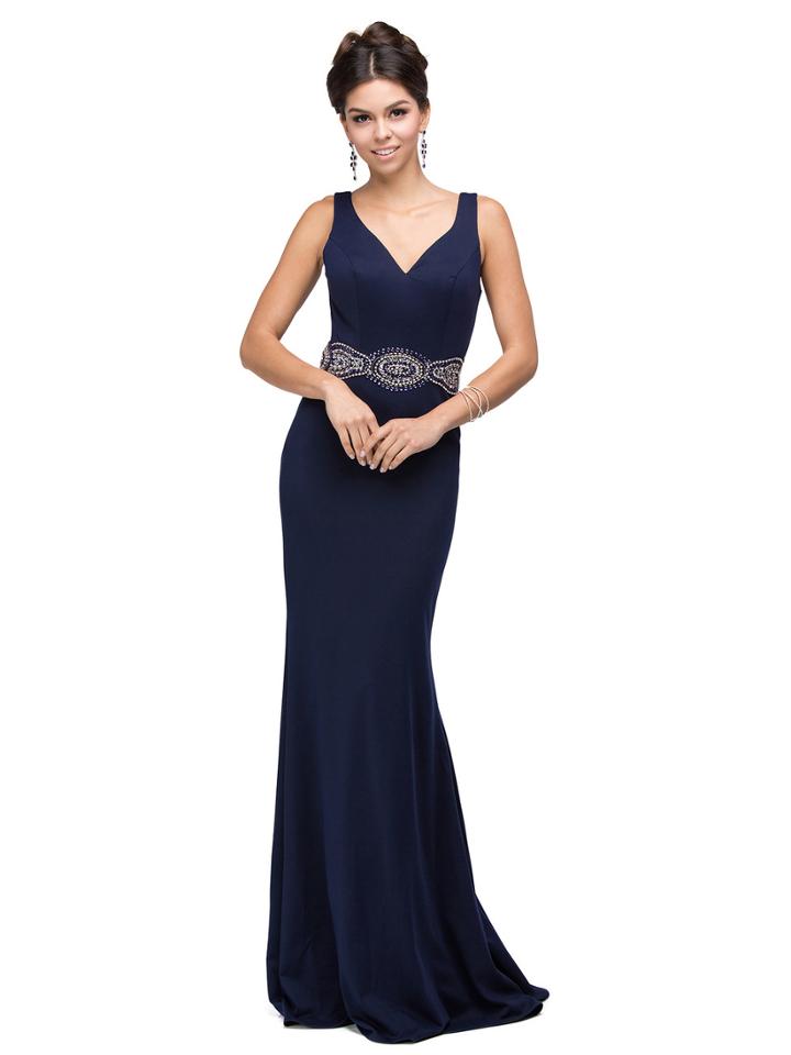 Dancing Queen - V-neck Embellished Waist Prom Dress 9633