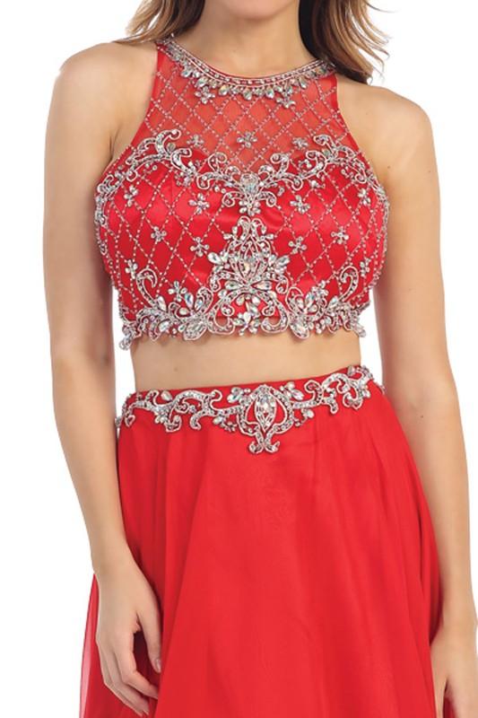 Lovely Two Piece Sleeveless Sequined Top & Long Pleated Chiffon Skirt