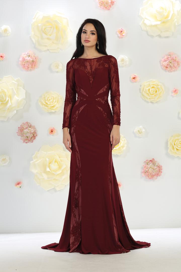 Paneled Sheer Lace Sheath Long Gown