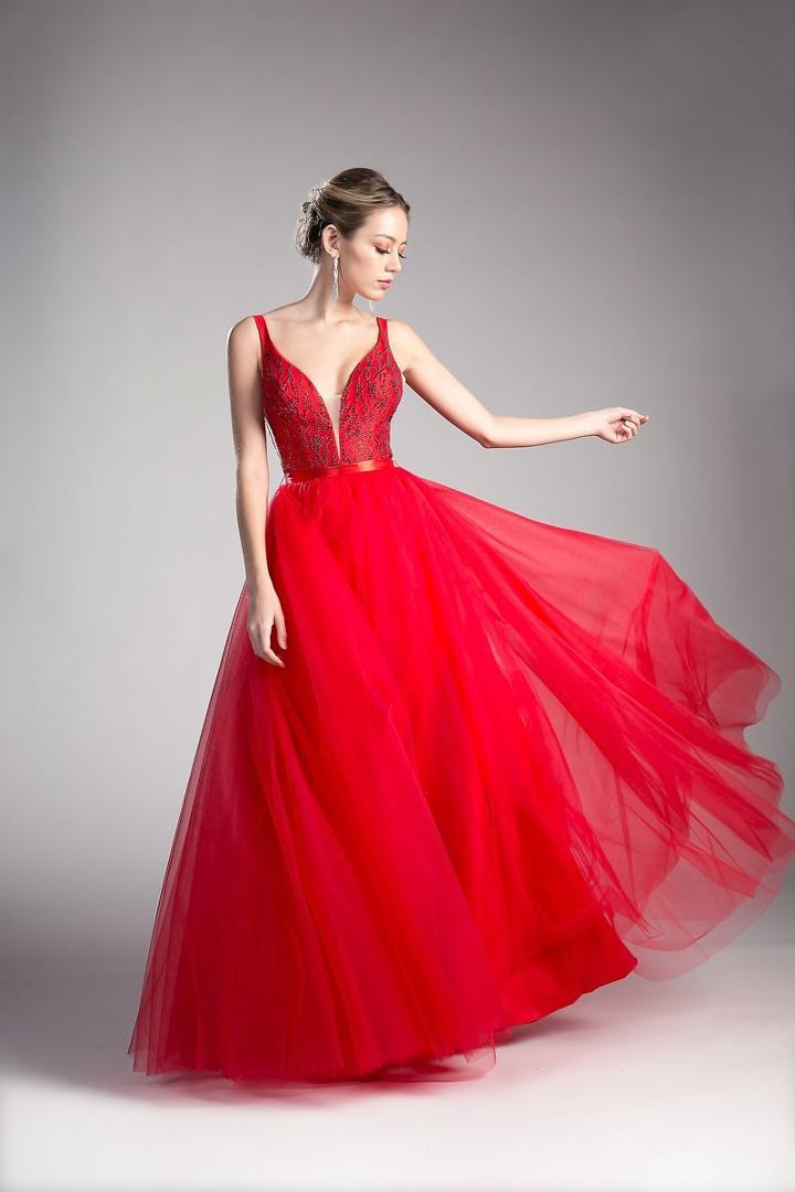 Cinderella Divine - Plunging Tulle Sleeveless Ballgown