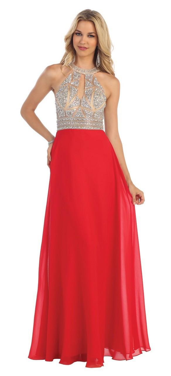May Queen - Sophisticated Sequined High Neck Chiffon A-line Dress Rq7257