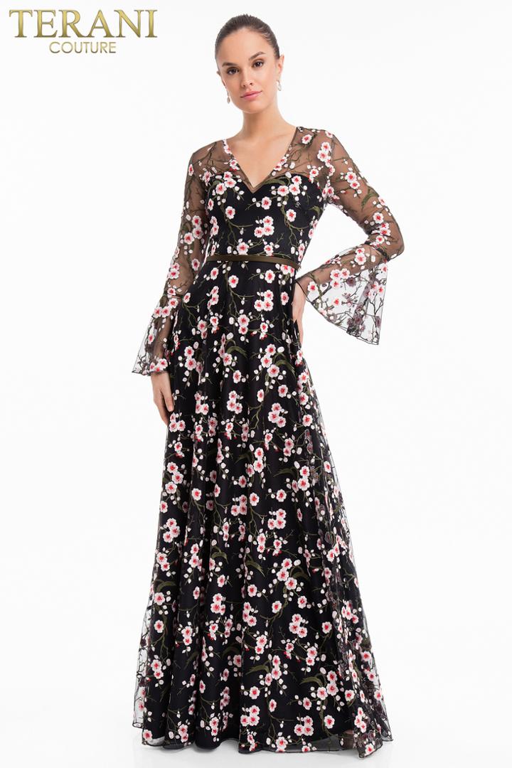 Terani Couture - 1822e7251 Floral Embroidered V-neck A-line Dress