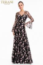 Terani Couture - 1822e7251 Floral Embroidered V-neck A-line Dress