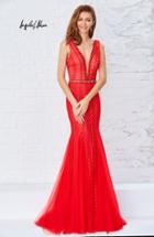 Angela And Alison - Laced And Beaded Deep V Neck Fit And Flare Gown 771142