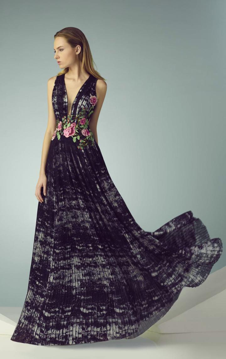 Beside Couture - Bc1241 Illusion Plunging Ruched Floral Dress