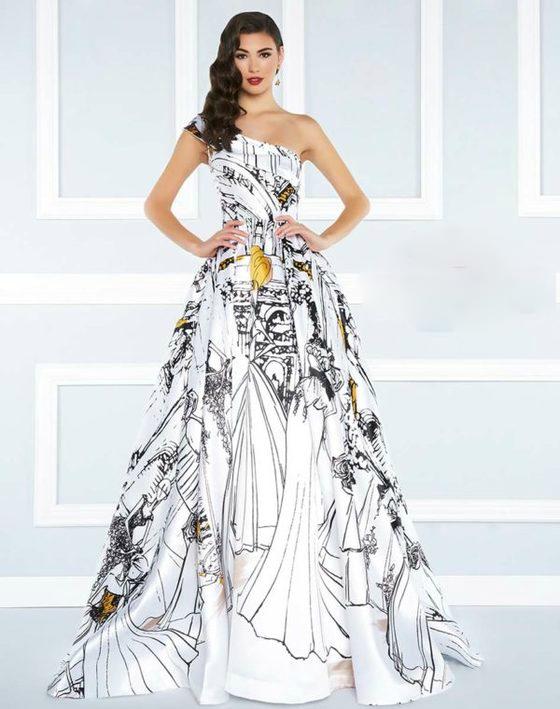 Mac Duggal Black White Red - 30371r One Shoulder Pleated Ballgown