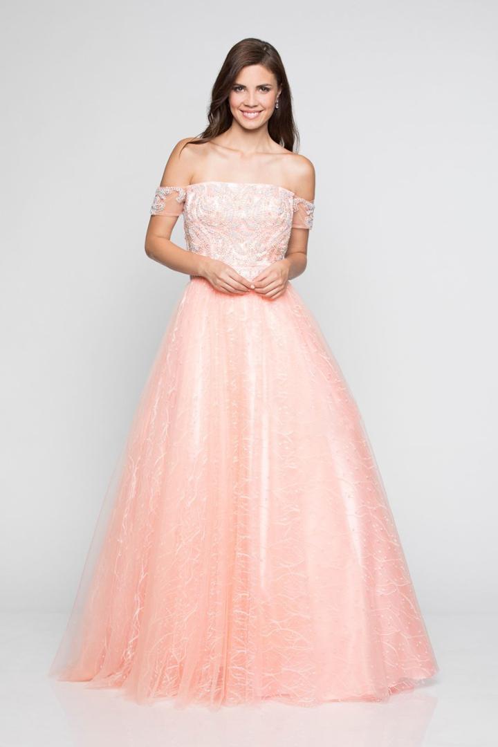 Milano Formals - E2287 Beaded Off-shoulder Neck Ballgown