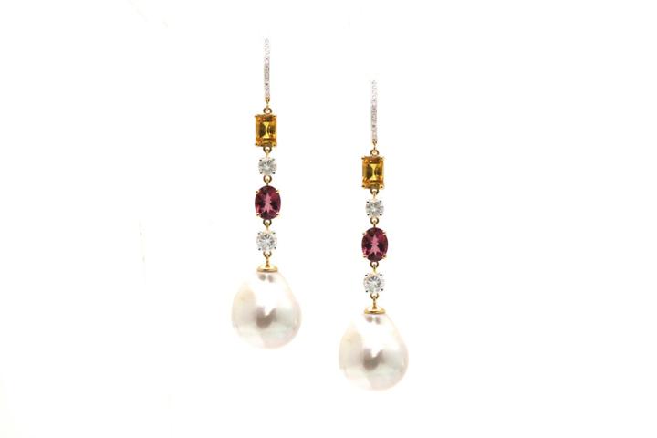 Tresor Collection - 18k Yellow Gold Earring With White, Yellow Sapphire, Pink Touramline & Diamond