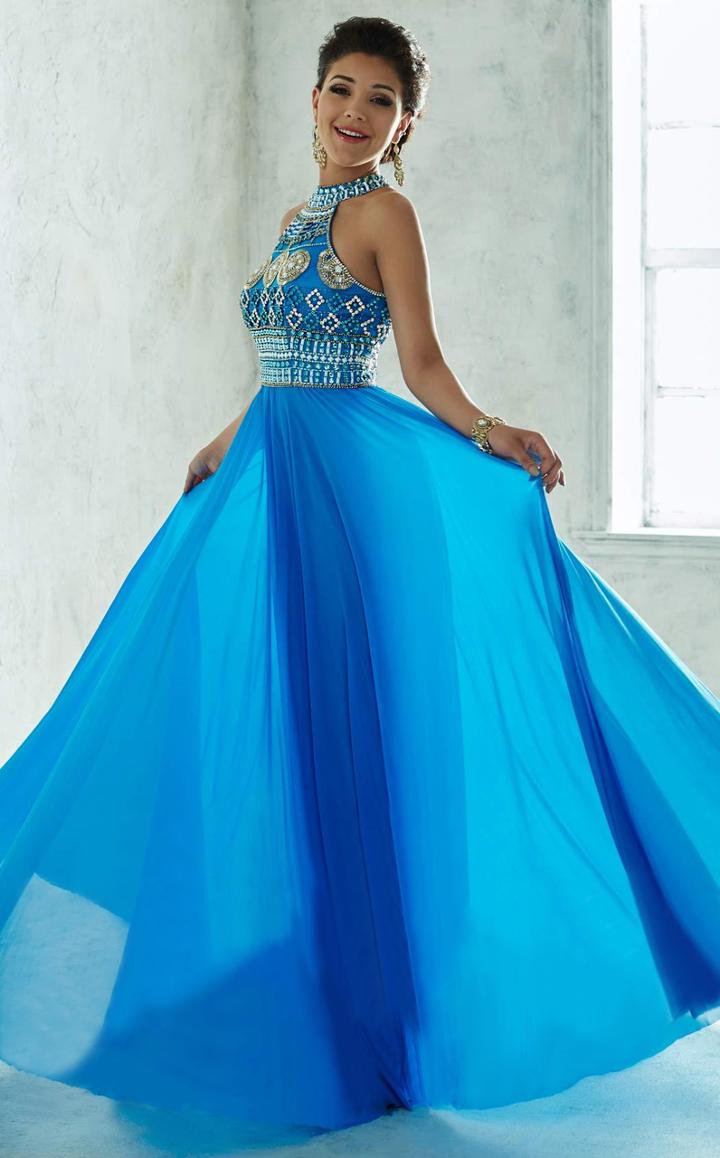 Tiffany Homecoming - Stylish Bead-embellished Halter Gown With Sheer Layering 46032