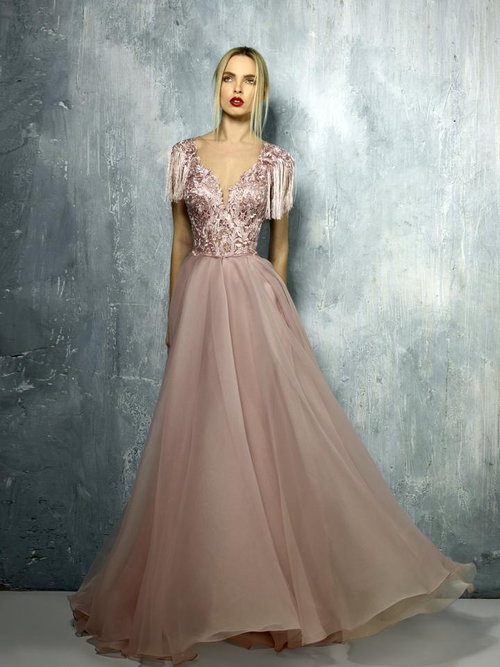 Beside Couture By Gemy - Bc1252 Fringed Sleeves Lace Plunging Gown