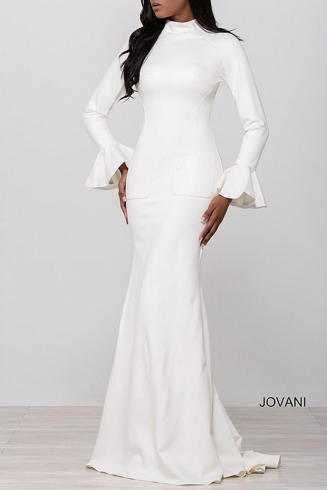 Jovani - Long Bell Sleeve High Neck Sheath Dress 47641