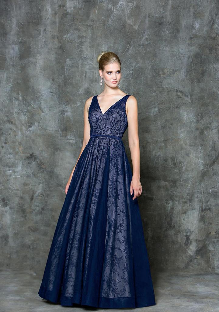Glow By Colors - G729 Classy V-neck Sheer Lace Evening Dress