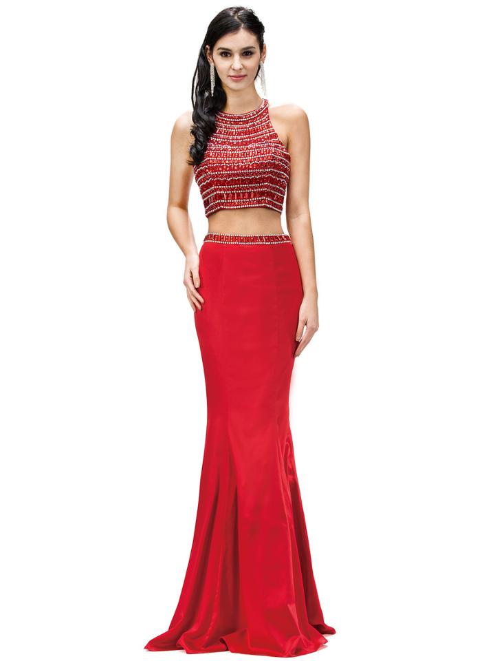 Two Piece Embellished Halter Crop Top Fit And Flare Dress