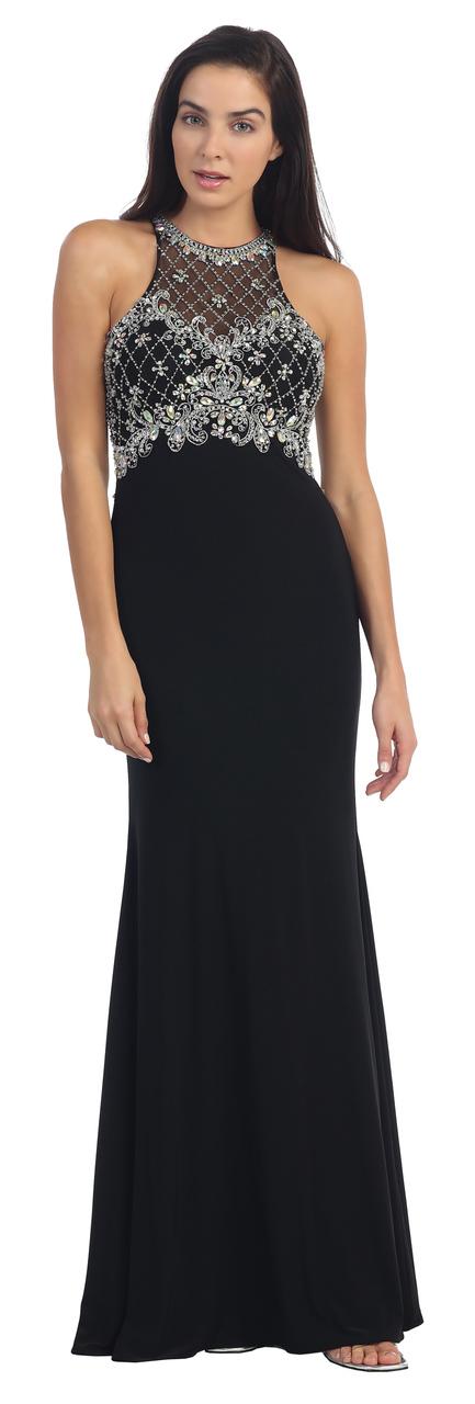 Long Jeweled Dress With Illusion Bodice