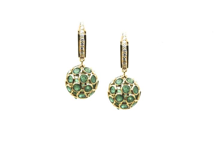 Tresor Collection - Emerald Origami Sphere Ball Earring With Diamond Huggies In 18k Yellow Gold