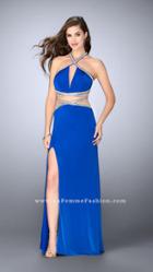 La Femme - Daring Sleeveless Beaded Halter Neck Jersey Dress 24003