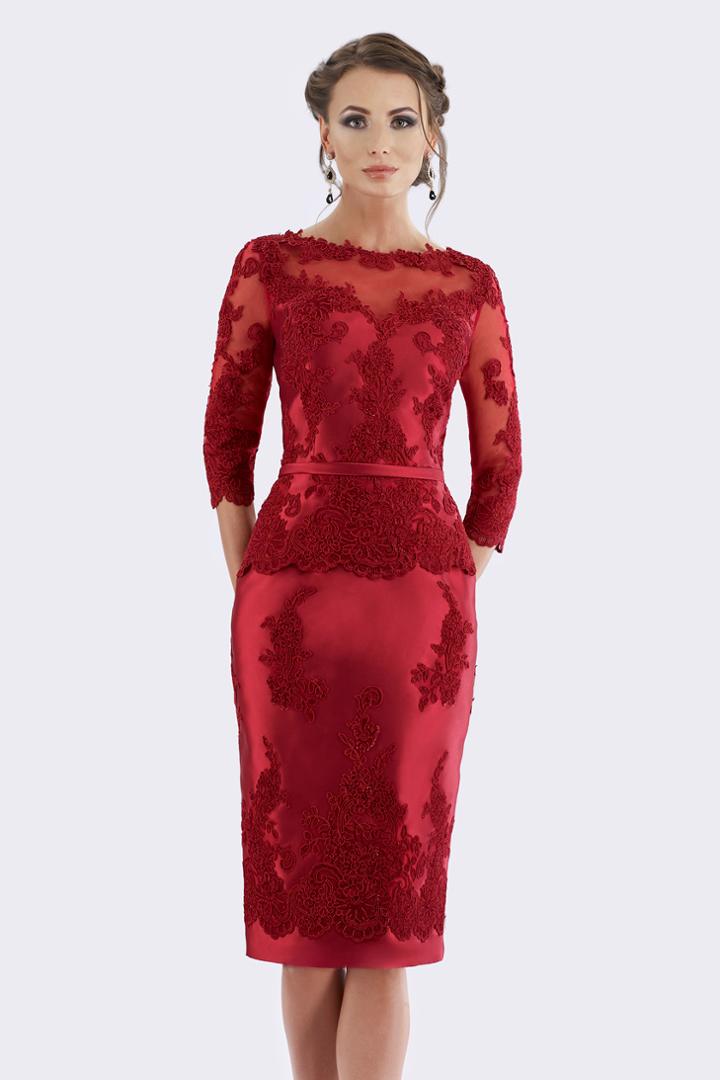 Feriani Couture - 18640 Quarter Sleeve Appliqued Peplum Sheath Dress