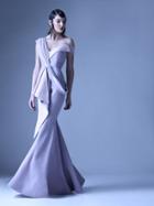 Mnm Couture - G0947 Pleated Asymmetric Neck Trumpet Dress