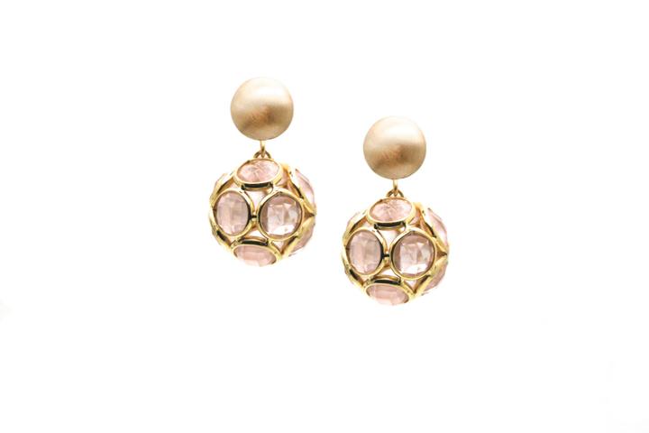 Tresor Collection - Rose Quartz Origami Sphere Ball Earring In 18k Yellow Gold