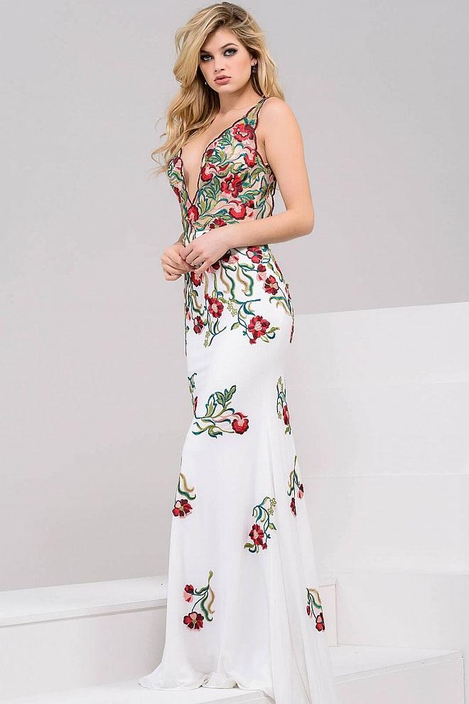 Jovani - 49822 Embroidered Deep V-neck Sheath Dress