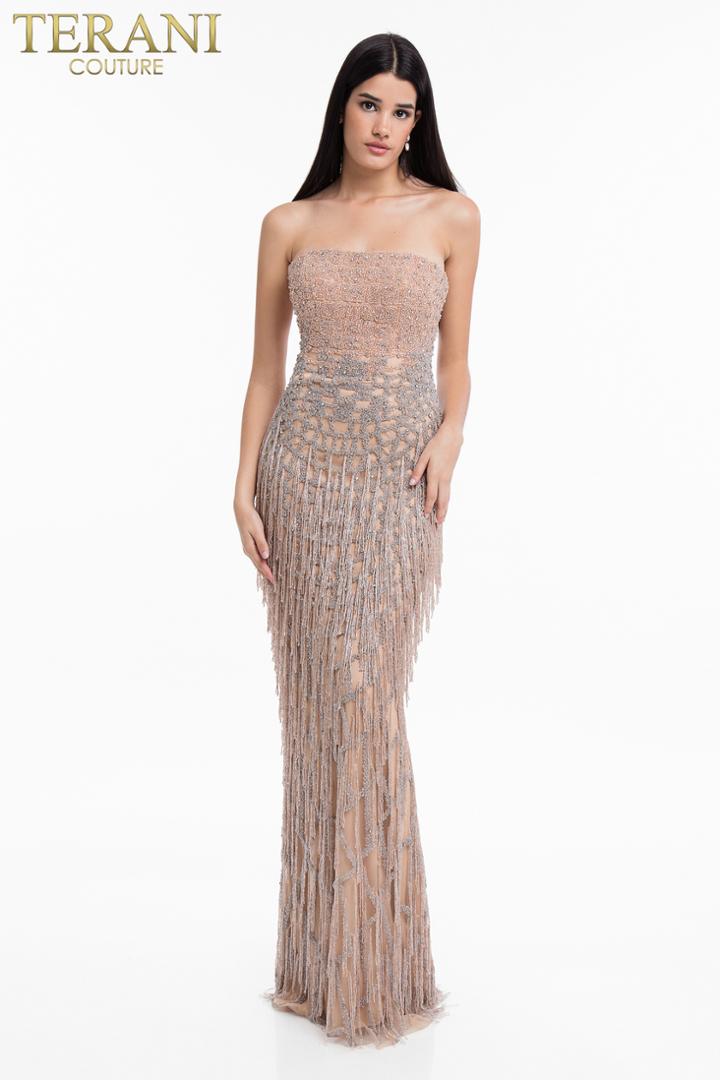 Terani Couture - 1821gl7427 Strapless Beaded Fringe Sheath Dress