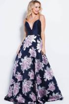 Jovani - 59658 Plunging V-neck Floral Prom A-line Gown