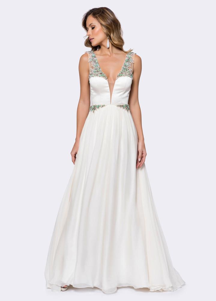 Ashley Lauren - 1169 Pearl Beaded Deep V-neck A-line Dress