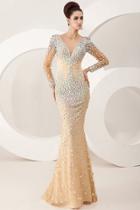 Angela And Alison - 21095 Long Sleeve Plunging Bejeweled Gown