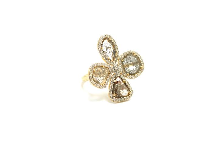 Tresor Collection - Organic Diamond Flower Ring With White Diamond Pave Frame Set In 18k Yellow Gold