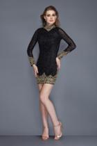 Primavera Couture - 3150 Gilt Beaded Motif High Neck Long Sleeve Dress