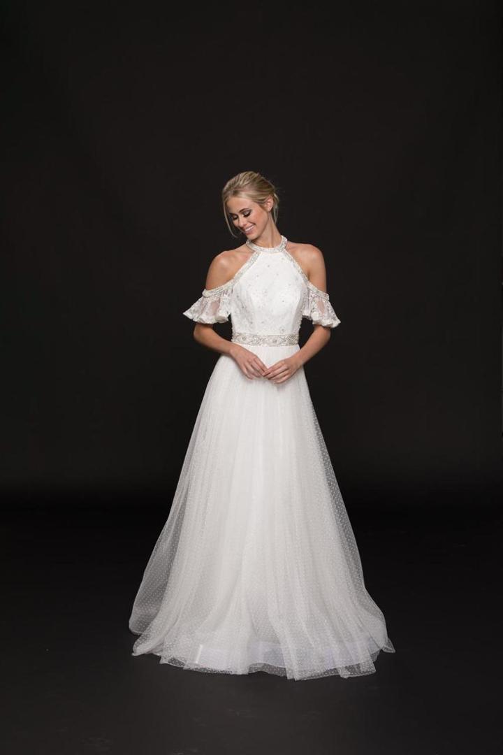 Glow By Colors - G754 High Halter Cutaway Lace A-line Gown