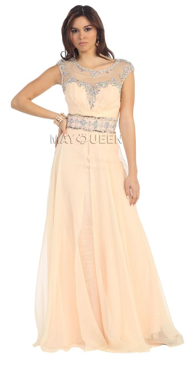 Lavish Illusion Chiffon A-line Gown With Cap Sleeves