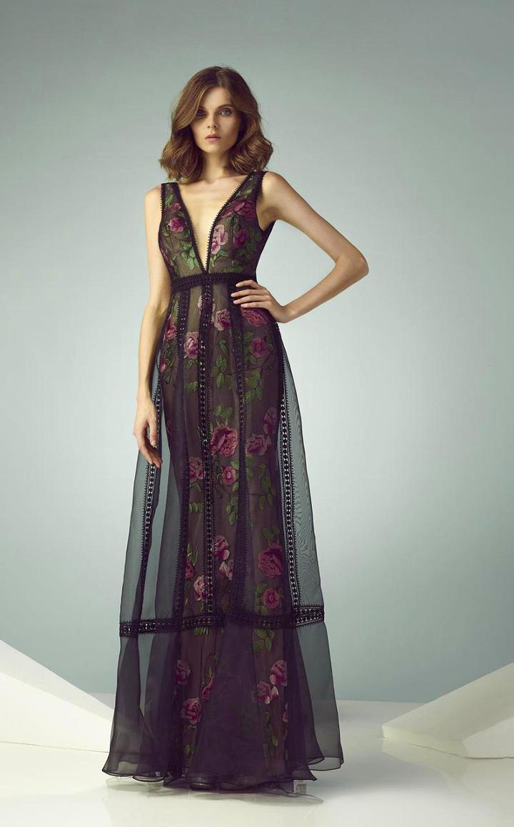 Beside Couture - Bc1226 Floral Pattern Deep V-neck Dress