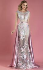 Mnm Couture - K3557 Cap Sleeve Floral Applique Gown With Overskirt