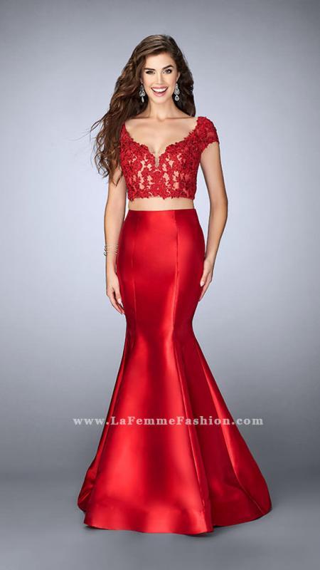 La Femme - Two-piece Lace Applique Crop Top Mermaid Long Evening Gown 24239