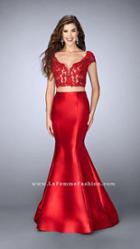 La Femme - Two-piece Lace Applique Crop Top Mermaid Long Evening Gown 24239