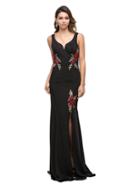 Embroidered Floral Appliques Black Prom Dress