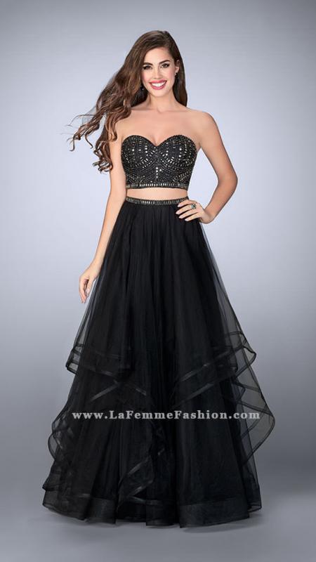 La Femme - Sparkling Crop Top Tiered Tulle Long Evening Gown 23753