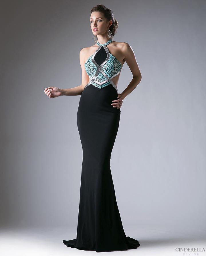 Cinderella Divine - Sleeveless Embellished Halter Sheath Dress