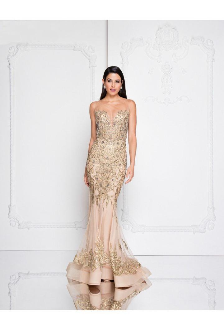 Terani Couture - 1812p5382 Embellished Illusion Bateau Trumpet Dress