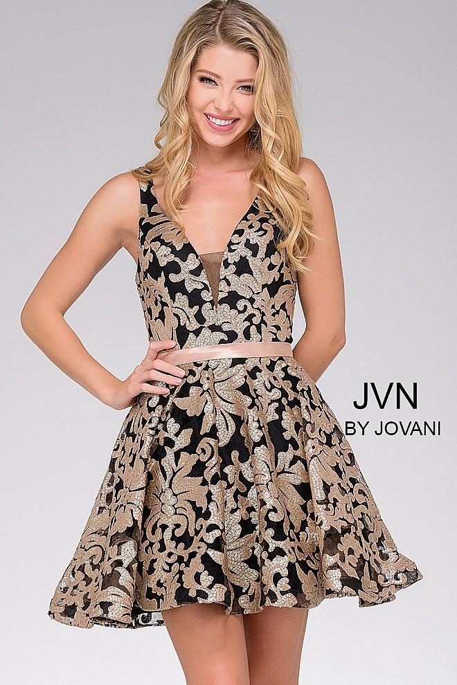Jovani - Sleeveless Deep V Neck Floral Sequined Short Party Dress Jvn47506