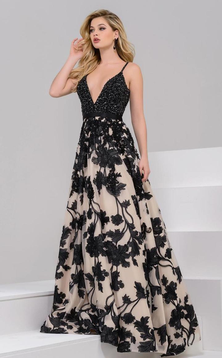 Jovani - 47604 Deep V-neck Beaded Evening Gown