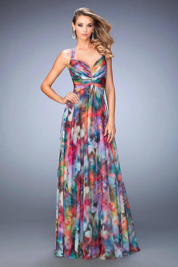 La Femme - 22355 Ruched Watercolor Print Evening Gown