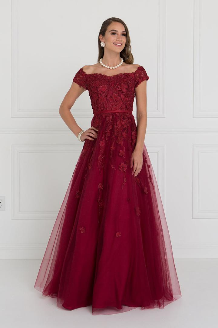 Elizabeth K - Gl1516 Floral Appliqued Off-shoulder Evening Gown