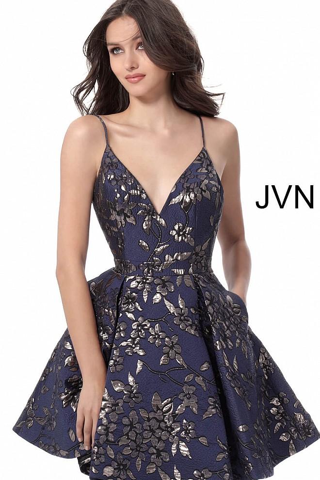 Jovani - Jvn61889 Floral Detailed Plunging V-neck Pleated A-line Dress