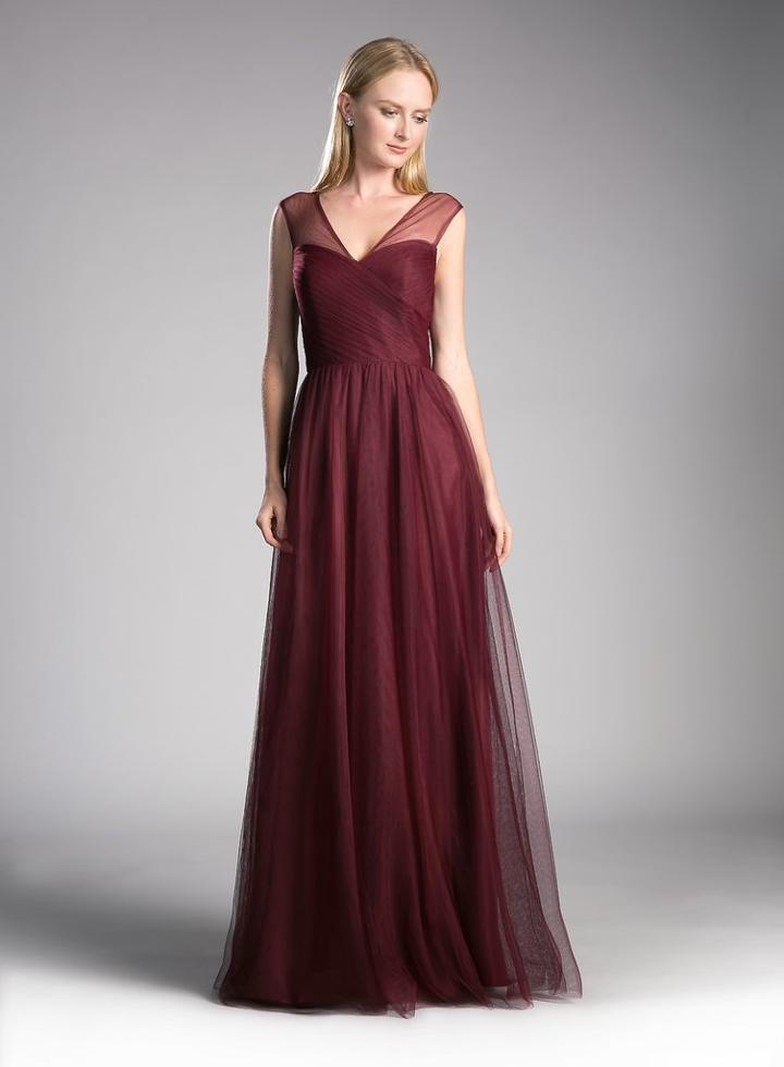 Cinderella Divine - Cap Sleeve Illusion V-neck Chiffon Gown