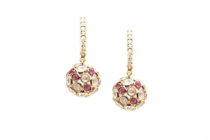 Tresor Collection - Rainbow Moon And Pink Tourmaline Origami Sphere Ball Earrings On A Dimaond Huggies In 18k Yellow Gold