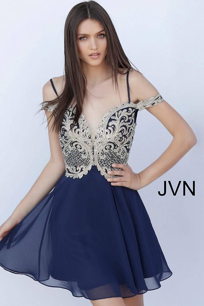 Jovani - Jvn62322 Embroidered Plunging Off Shoulder Cocktail Dress