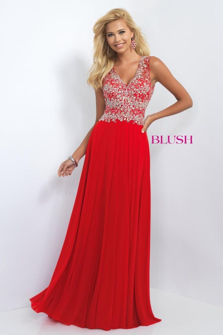 Blush - Crystal-encrusted V-neck Chiffon A-line Gown 11108